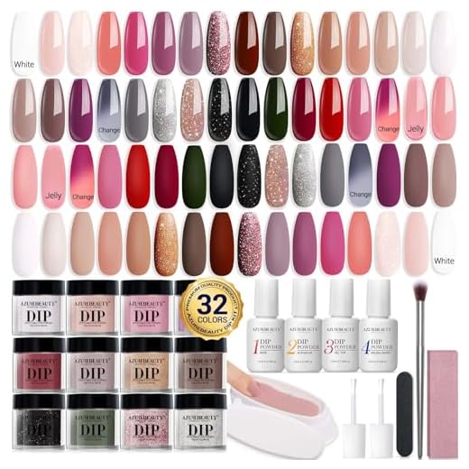 AZUREBEAUTY Dip Powder Nail Starter Kit 32 Colors, Nude Pink Brown Grey Acrylic Dipping Powder 42 PCS All-in-1 Set Recycling Tray&Liquid Top/Base Coat Activator Nail Art Manicure Salon