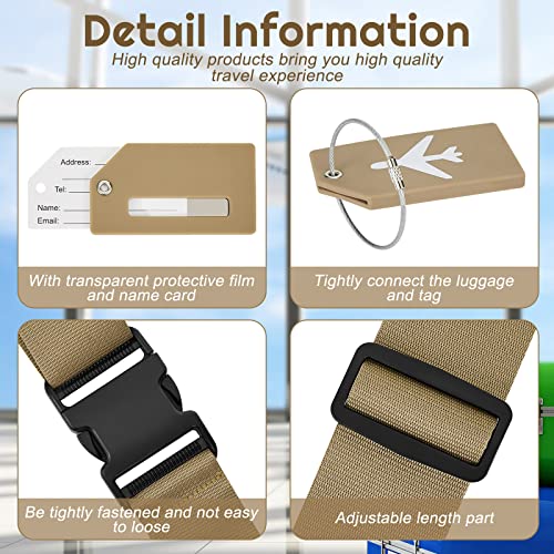 Weewooday 8 Pcs Luggage Straps Suitcase Tags Set for TSA Approved, 4 Travel Adjustable Suitcase Belt, 4 Silicone Luggage Tags with Name ID Card Travel Accessories(Khaki,Airplane)3