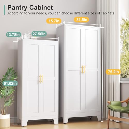 Image of Winiowa Metal Pantry Cabinet with 2 Doors and Adjustable Shelves - 61 inch Kitchen Storage Cabinet with Gold Handles - Versatile Storage for Kitchen, Bathroom, Dining Room, Utility Room - White