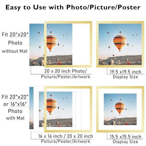 Image of JCJMY 20x20 Picture Frame Gold with 16x16 Mat, Display Photo 16x16 with Mat or 20 x 20 Without Mat, Wall Hanging Large 20x20 Poster Frame with Shatter Resistant Plexiglass,Gold