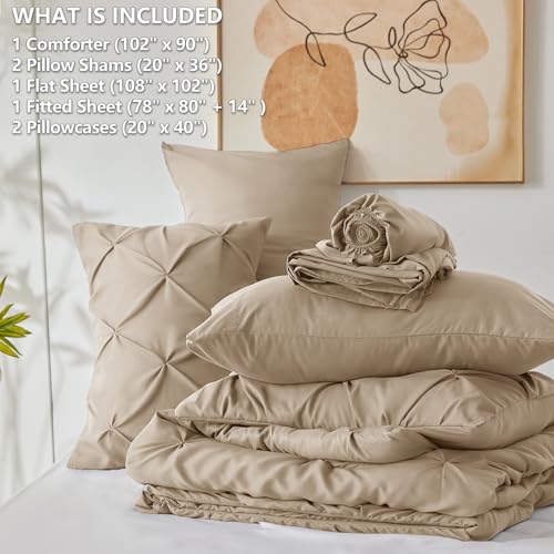 CozyLux King Size Comforter Set Taupe, 7 Pieces Pintuck Bed in A Bag Taupe Comforter King Size, Pinch Pleat Bedding Set with All Season Comforter, Sheets, Pillowcases & Shams