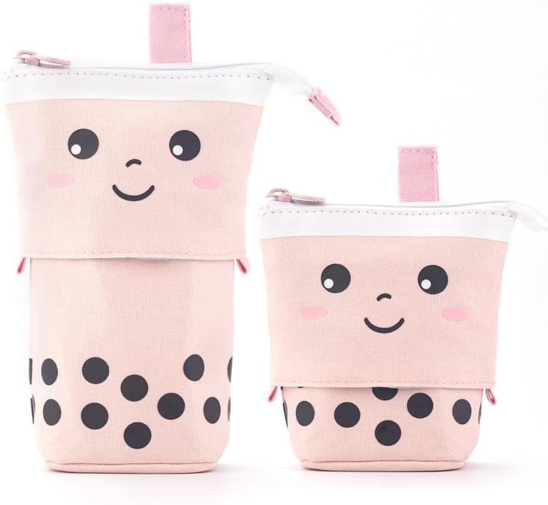 ANGOOBABY Polyester Standing Pencil Case Cute Telescopic Pen Holder Kawaii Stationery Pouch Makeup Cosmetics Bag For School Students Office Women Teens Girls Boys (Pink)
