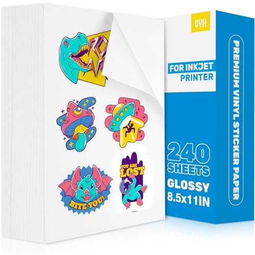 QYH Sticker Paper Printable Vinyl for Inkjet Printer - 240 Sheets White Glossy Sticker Papers 8.5x11 In Label Stickers for Cricut/Silhouette Waterproof Dries Quickly & Tear Resistant Easy to Cut