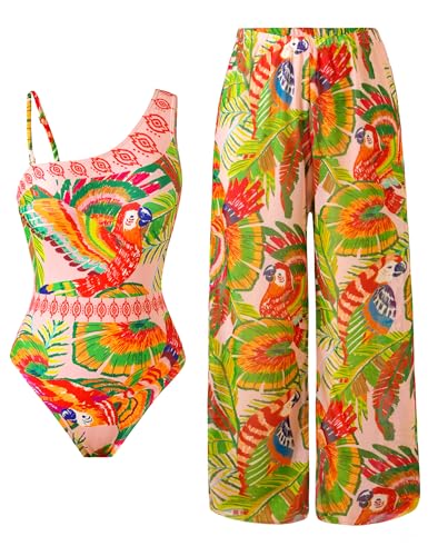 BAWHAHT Womens One Piece Swimsuit with Cover Up Set One Shoulder Two Piece Bathing Suits with Wrap Skirt