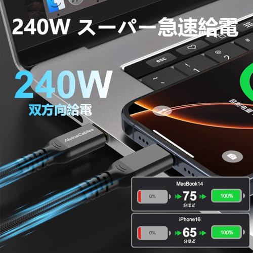 Alvin's Cables [Intel認証] Thunderbolt 5 ケーブル 120Gbps帯域幅・240W PD充電・16K 高リフレッシュレート対応 - USB-C to USB-C, Thunderbolt 4/3 & USB4 互換, MacBook/Windows/ドック/eGPU用 2M