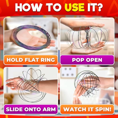flow ring spinner ring arm toy 5134 - rugged corrosion resistant stainless steel geometric sensory spring toy changing colors compact size - comfortable fit magic flow bracelet with calming effect