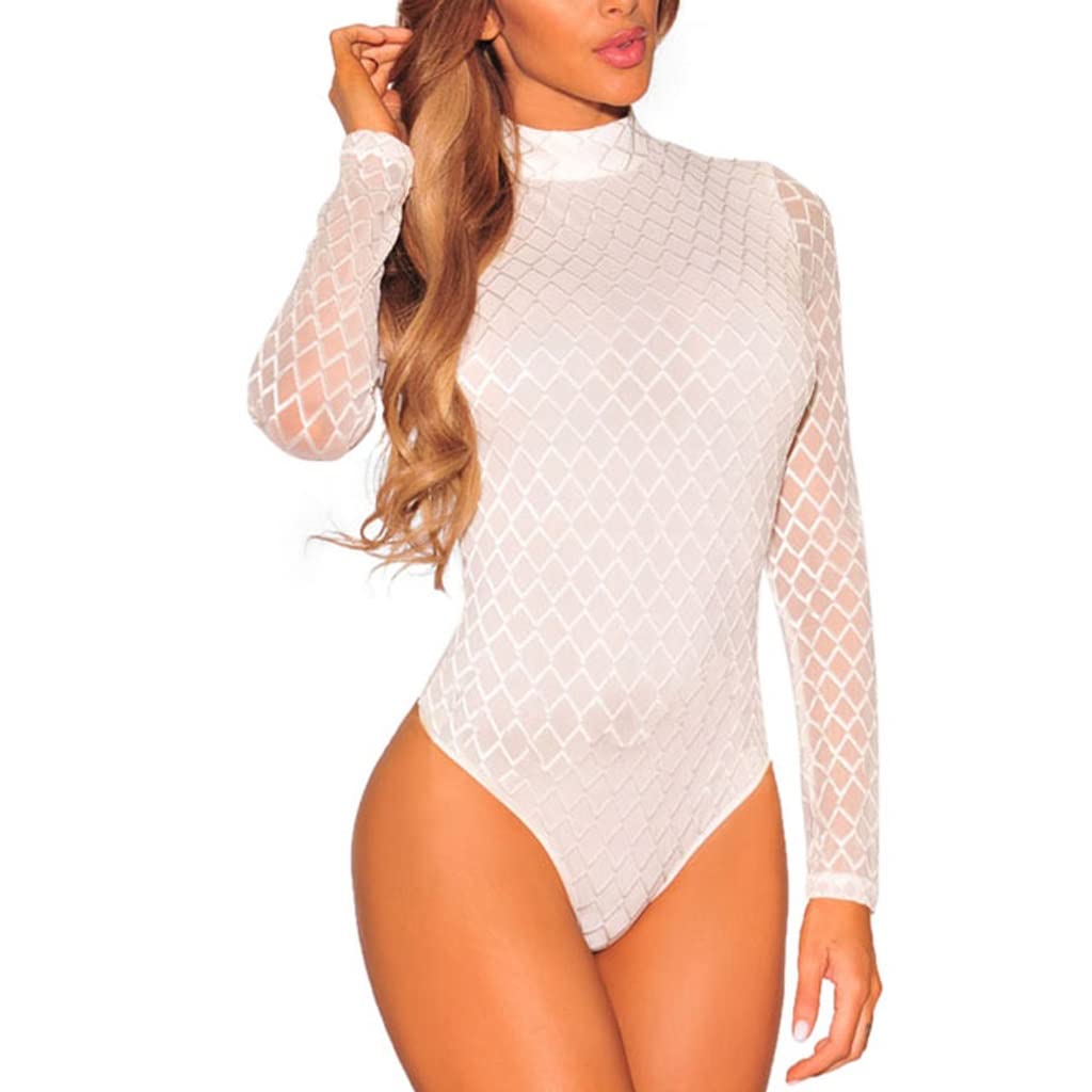 Body Sexy Mono Mameluco Mujer Negro Blanco Hueco Manga Larga Malla Bodycon (Color : A, Tamaño : L Code)