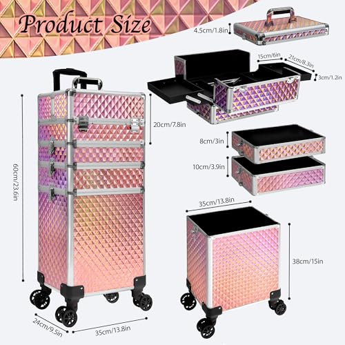 Image of 5 in 1 Rolling Makeup Train Case on Wheels Large Cosmetic Organizer Travel Cart for Women Beauty Salon Barber Hairstylist Pink