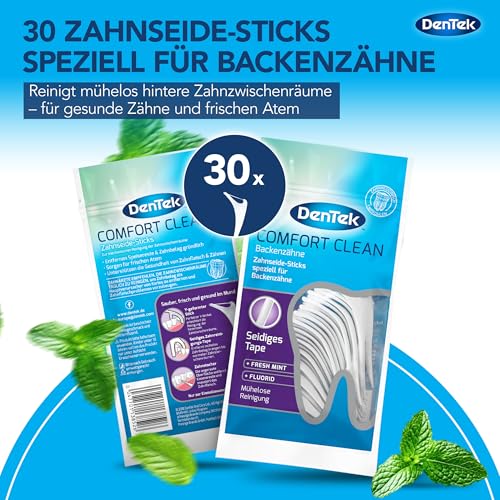 1 x 30 Stk. Dentek Comfort Clean Zahnseide Sticks, speziell für Backenzähne - Zahnreinigung der hinteren Zahnzwischenräume - Minzgeschmack - Fluorid - Zahnstocher , 30 Stück (1er Pack)