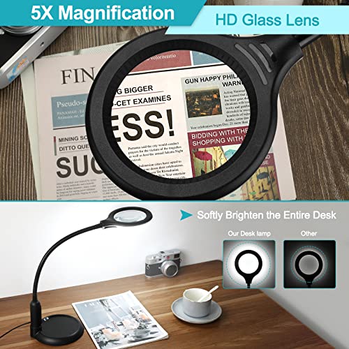 Tomsoo 5X Magnifying Glass With Light And Clamp, 5 Color Modes Stepless Dimmable Lighted Magnifier With Stand, Flexible Gooseneck Led Desk Lamp Hands Free For Craft Reading Painting Hobby Close Work #TOP4