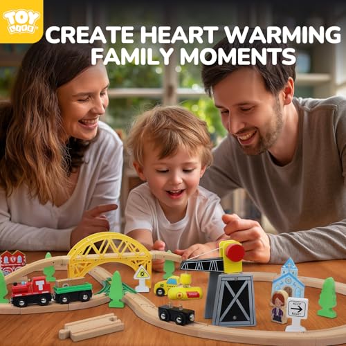 toy life wooden train set 60pcs with magnetic crane wooden train tracks toys for toddlers boys girls 3 4 5 3 year old boy gift wood toys toddler train for kids 4-8 - fits thomas brio chuggington