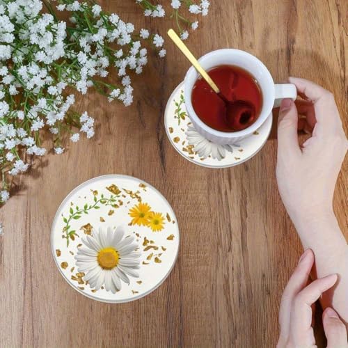 Image of 6pcs Daisy Design Wooden Coasters, 4inch Round Hand-Washable Coasters, Suitable Home Decoration, Easter, Valentine's Day, Mother's Day, Coffee Table