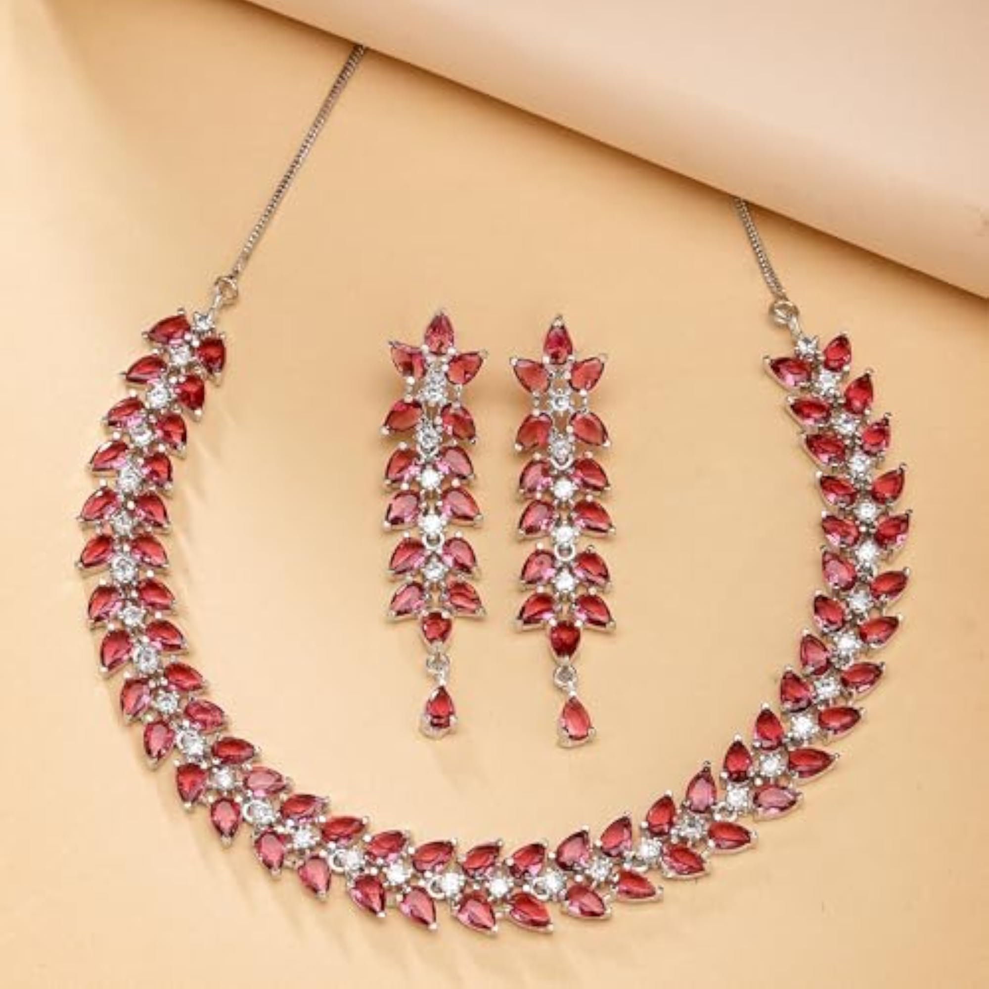 Rhodium-Plated Leaf American Diamond Necklace Set with Earrings