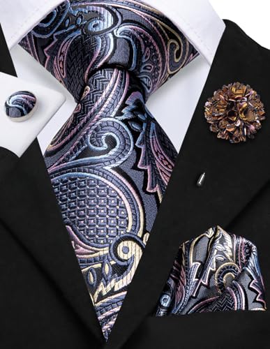 Image of Hi-Tie Men's Tie Lapel Pin Set Pocket Square Cufflinks Formal Woven Silk Tie Sets Wedding Party