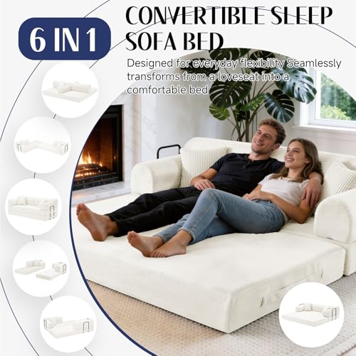 Image of 79'' Convertible Sofa Bed, 6 in 1 Folding Floor Futon Couch Sleeper with Fixed Frame, Corduroy Modular Sofa Bed with Removable Armrests & Pillows, No Assembly for Living Room Bedroom (Beige White)