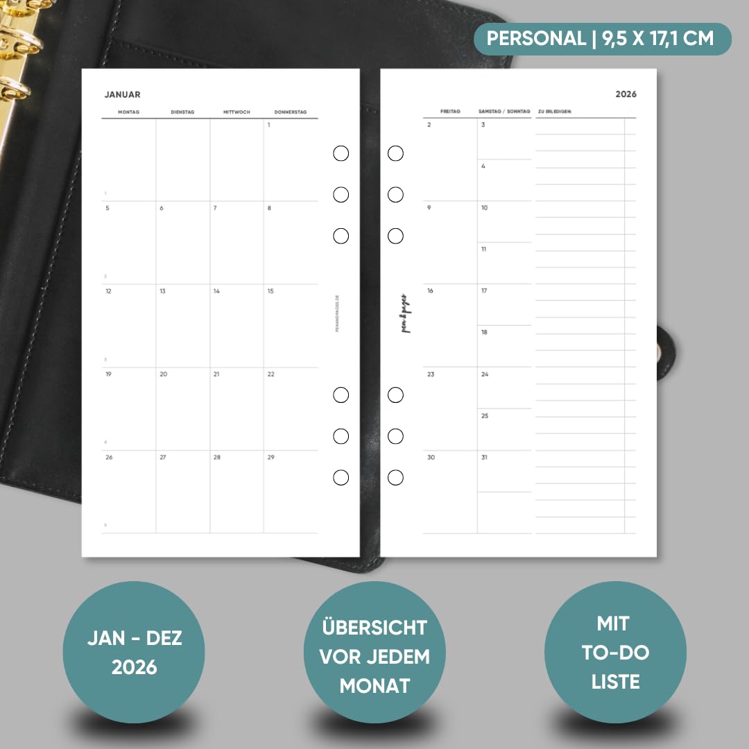 pen & pages® Kalender 2026 "1 Woche eine Seite + ToDo" 1 Woche auf 2 Seiten Personal 9,5 x 17,1 cm Einlage für Ringbuch mit Monatsübersicht Jahresübersicht DACH Feiertagen 6 fach Lochung (All-in-One)