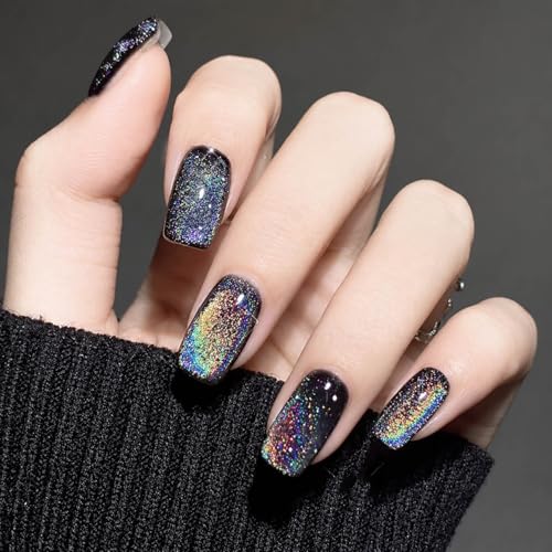 evpct Black Chrome Metallic Cat Eye Press on Nails Medium Square No Glue, Stick on Nails Medium Square for Women, Black Metallic Nail press ons, Iridescent Glitter Halloween Acrylic Fake Press on Nail