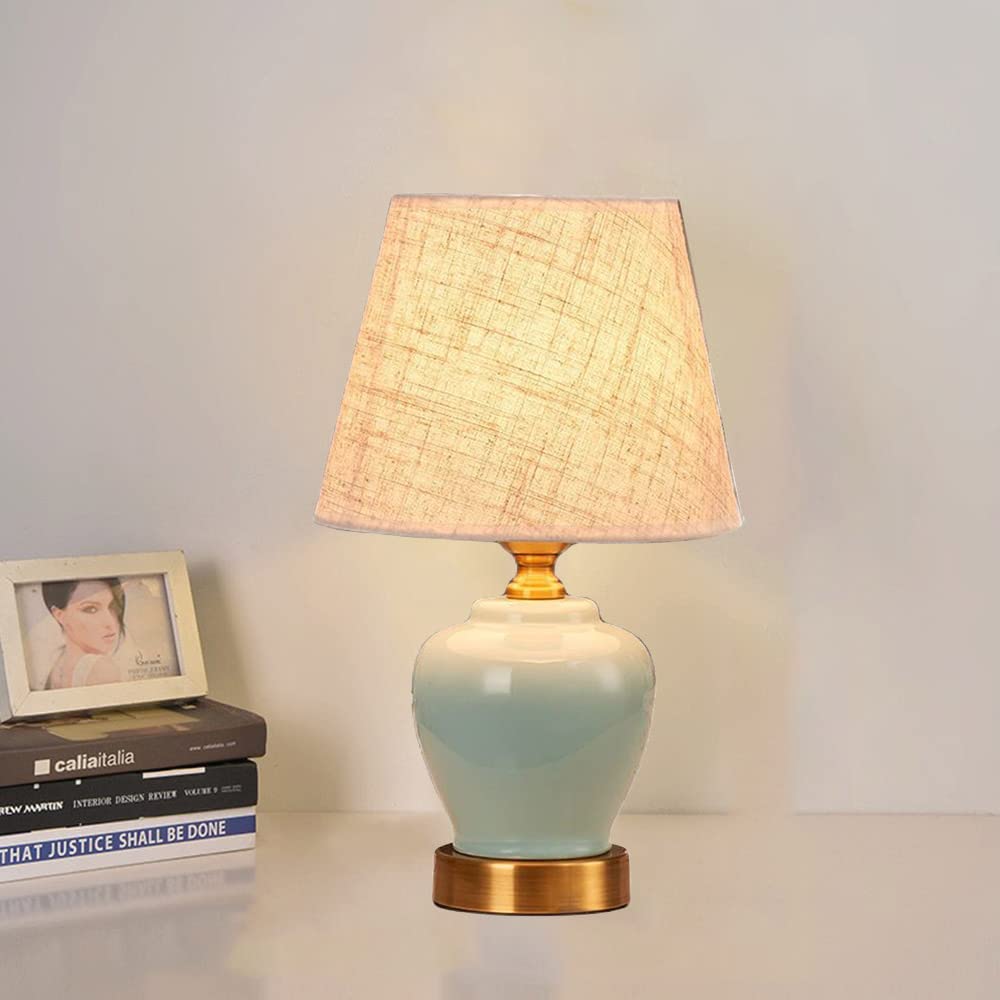 Mengjay Keramik Lampen Lampenfuß Lampenschirm Tischlampe Nachttischlampe Tischleuchte,Lampenschirm aus Stoff, E27 Schlafzimmerlampe,Wohnzimmerlampe,Lampe mit Schalter(ohne Leuchtmittel) (Blau)