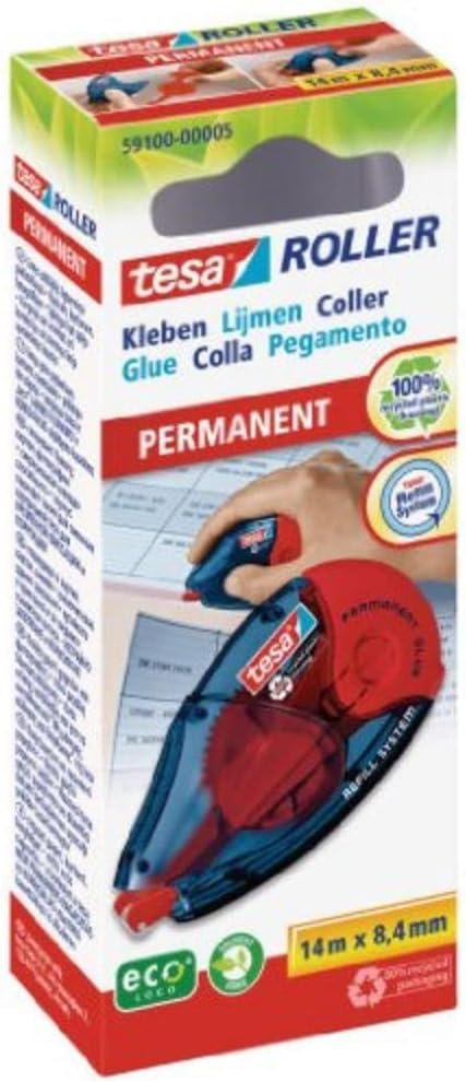 tesa UK 59100-00005-06 Permanent Glue Roller ecoLogo Environmentally Friendly, 14 m x 8.5 mm - Pack of 5