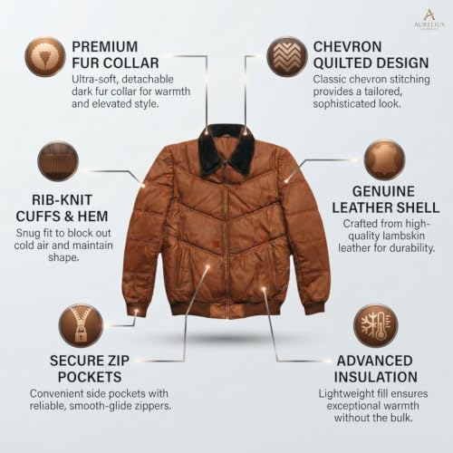 Image of F&F Classic Men's Premium Genuine Lambskin Aviator Style Puffer Fur Shearling Collar Leather Bomber Winter Fashion Jacket