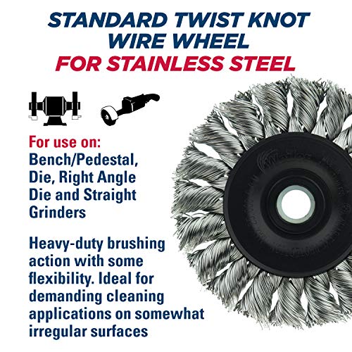 Image of Weiler 08264 Dualife 1 /2 inch-3 /8 inch Arbor, 0.014 inch Wire Size, 3 inch Diameter, 3 /8 inch Face Width, 302 Stainless Steel Bristles Standard Twist Knot Wire Wheel Brush, Made in the USA