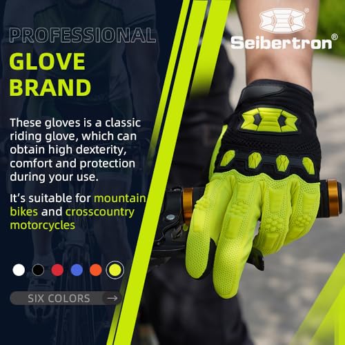 Image of Seibertron Unisex MX ATV MTB Racing Gloves - Full Finger Touchscreen Glove for Bicycle Cycling Mountain Biking Motorcycle and Motocross Fluo Yellow L