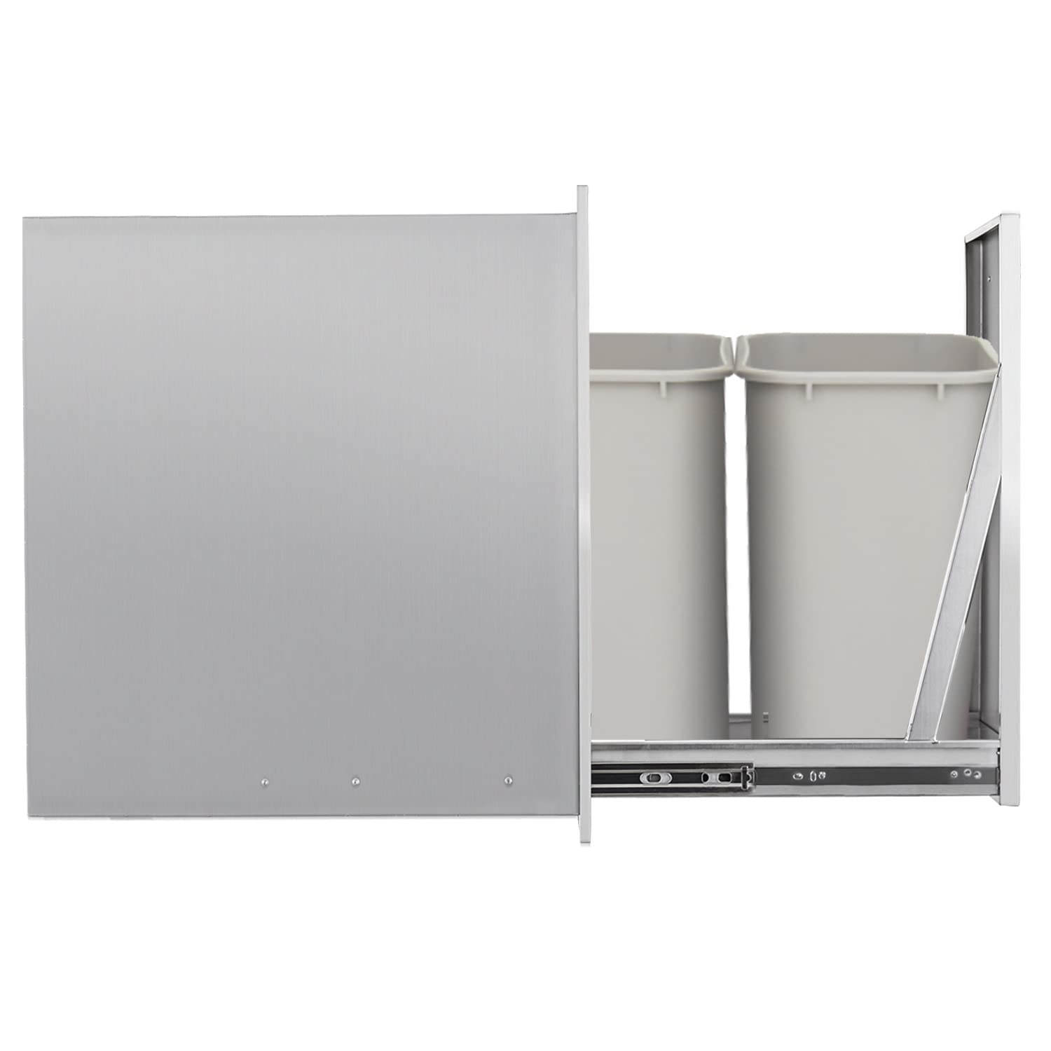 Pull-Out Double Trash Drawer Stainless Steel Outdoor Kitchen Trash Drawer Storage for Two 10 Gallon Commercial Wastebaskets…