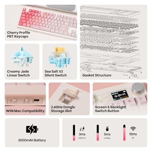 Image of EPOMAKER QK108 Full Size Mechanical Keyboard with Screen & Knob, 8000mAh, Creamy&Thocky, Gasket, RGB Backlit, Mac Keycap, Wireless Gaming Keyboard for Mac /Win (Pink, Creamy Jade)