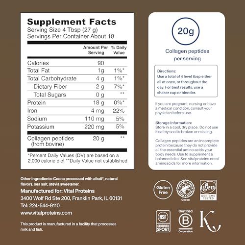 Image of Vital Proteins Grass Fed Collagen Powder Supplement (Type I, III) for Skin Hair Nail Joint - Hydrolyzed Collagen, Grass Fed, Dairy and Gluten Free - Chocolate Flavor, 17.1 oz Canister
