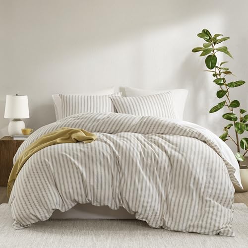 Image of Madison Park Linen Cotton Rayon Blend Duvet Cover Set, 3PC Queen | Striped Design, Lightweight & Breathable Bedding with Shams, Tan