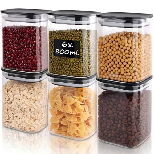 Aevcvok 6x 800ml Botes de Cristal con Tapa - Botes Cocina Almacenaje Cristal Herméticos - Tarros de Cristal Cuadrados - Frascos de Vidrio para Guardar Pasta, Legumbres, Cereales - 10x10x12,5cm