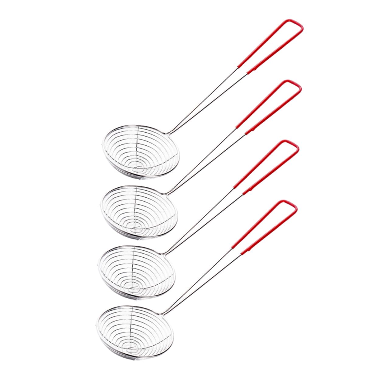 GRIRIW 4pcs Stainless Steel Mesh Strainer with Handle Compact Deep Fryer Skimmer Spoon for Hot Pot and Noodle Cooking for Tea and Beverage Straining