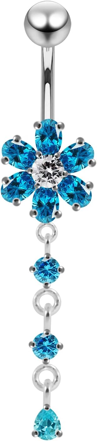 Fancy Flower Dangling Design 925 Sterling Silver with G23 Grade Titanium Belly Ring - Belly Button jewelry - Navel jewelry