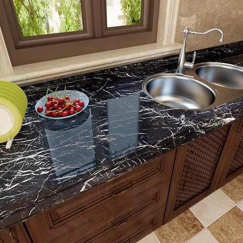 Image of HOME13 Vinyl Black Grey Shine Marble Removable and Decorative Vinyl Wallpaper for Kitchen Countertop Cabinets Table, 2 Ft x 4 Ft with 2pcs