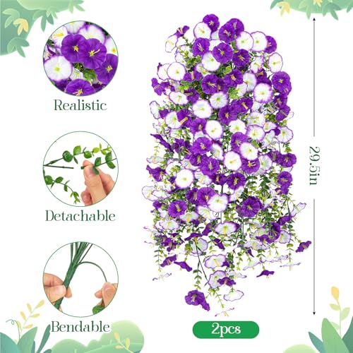 Image of Bassion 2 Packs Artificial Hanging Flowers for Outdoors, Mixed Purple