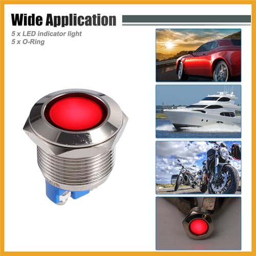 5 Pcs LED Luz Indicadora 19mm 12V Metal Impermeable Roja miniatura 2