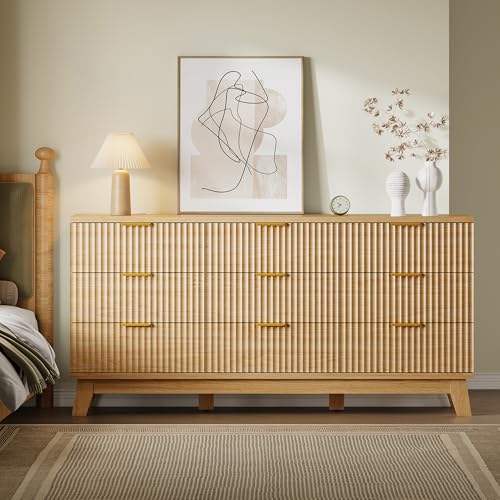 Image of BORNOON Fluted 9 Drawer Dresser, 57.1 inch Wide Modern Boho Chest of Drawers, Wooden Storage Dresser TV Stand for Bedroom, Living Room, Closet, Hallway, Curved Profile Design
