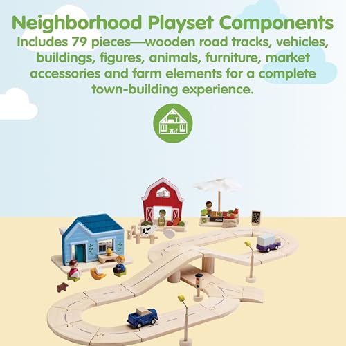 Image of PlanToys Wooden Neighborhood Roadway Playset Montessori Kids Building Play | toy cars, toy car track, girls, boys, city planning, imaginative fine motor problem solving gift preschool learning cute