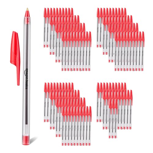 Amazon Basics - Penne a Sfera, Asciugatura Rapida, Ideali per Scuola e Ufficio, Punta Media (1,0mm), Rosso, Confezione da 144