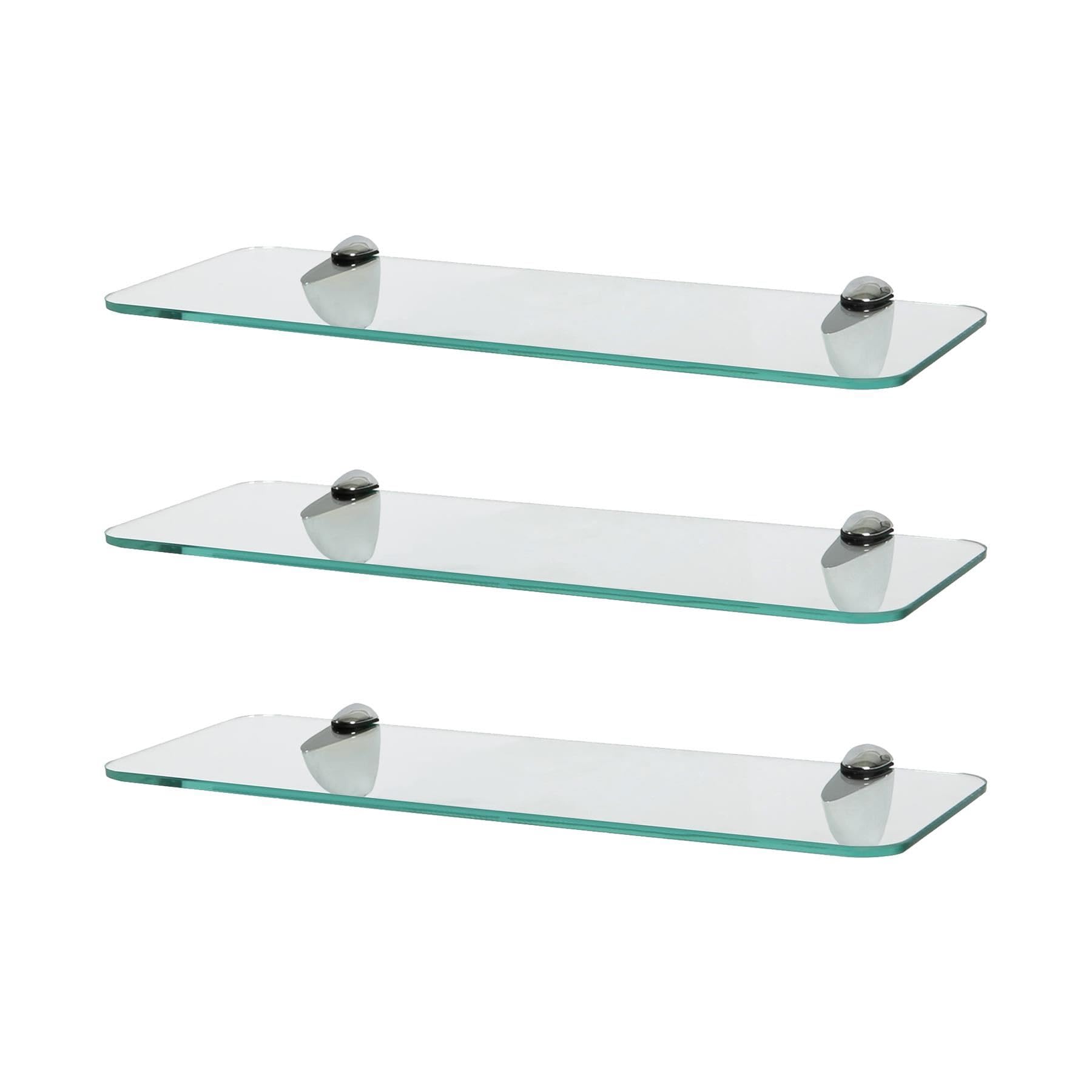 Harbour Housewares Rounded Floating Glass Bathroom Shelves - 40cm - Clear/Chrome - 3x Wall-Mounted Kitchen Bedroom Shower Room Décor Caddy Towel Storage Organiser Shelving Rack with Brackets