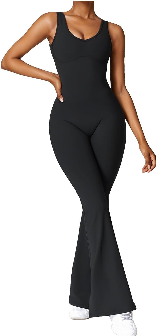 KurvJumpsuit for Women Flare Wide Leg Backless Sleeveless Workout Bodysuit Gym Outfit One Piece Bodycon