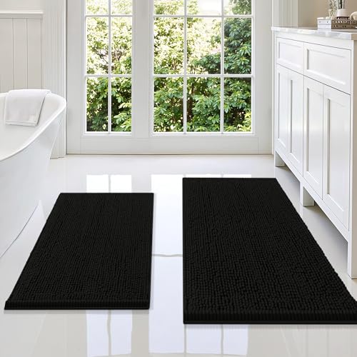 Image of Smiry Bathroom Rugs Sets 2 Piece, Soft Absorbent Chenille Machine Washable Non Slip Shaggy Bath Rug Set for Tub, Shower, and Floor (36x24+30x20, Black)
