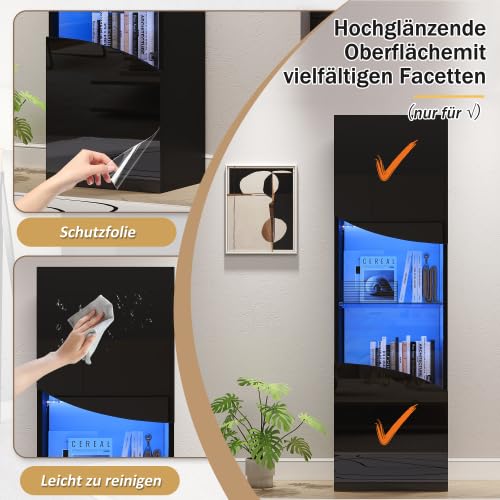 Merax Vitrina de 35 x 50 x 165 cm, vitrina de cristal brillante con control de aplicación LED, armario de vitrina con puerta de cristal y 4 estantes, vitrina de pie, armario multifunción, color negro