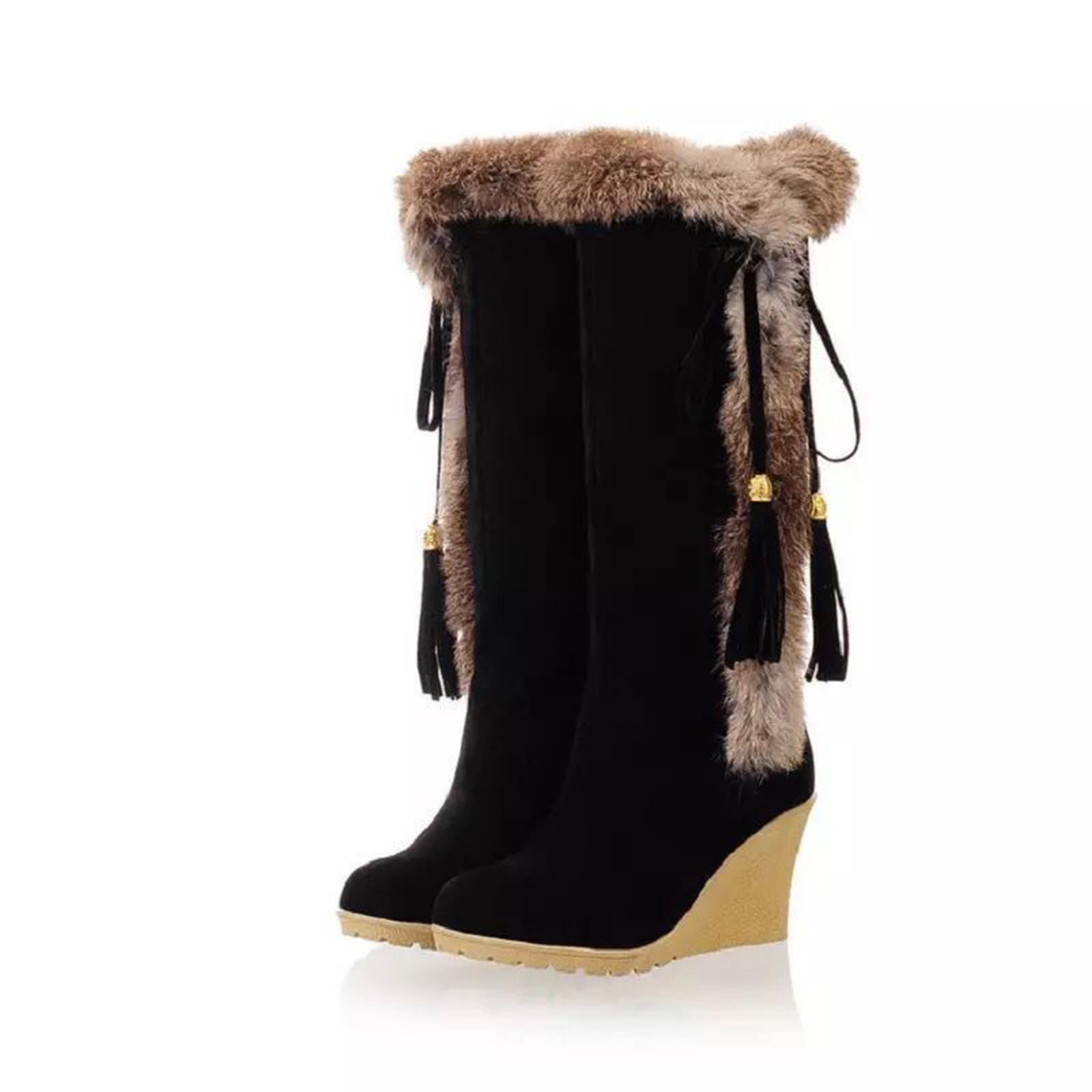 Womens High Heels Fuzzy Winter Snow Boots Fashion Boho Suede Tassels Pluffy Fur Thermal Wide Calf Platform Wedge