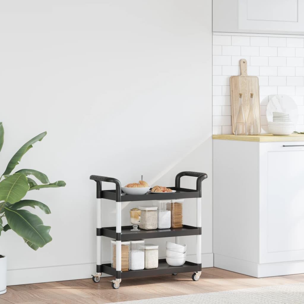Mobiler Küchen-Servierwagen mit 3 Ebenen, schwarzer Aluminiumwagen für Esszimmer & Heimorganisation, vielseitige Aufbewahrungslösung, 77 x 34 x 72 cm