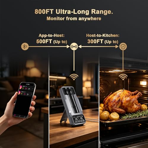 Image of Wireless Meat Thermometer Digital - 800FT Bluetooth Food Thermometer for Cooking, NIST Certified Accuracy, Standalone Base Dual Probes for Grill BBQ Oven Smoker