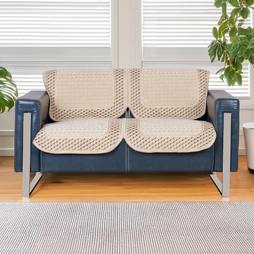 Image of Premium Chenille Woven Anti-Slip 2 Seater Sofa Cover | L-Shape Sofa Seat Protector for Living Room | Durable & Stylish Slipcover - Beige 3D