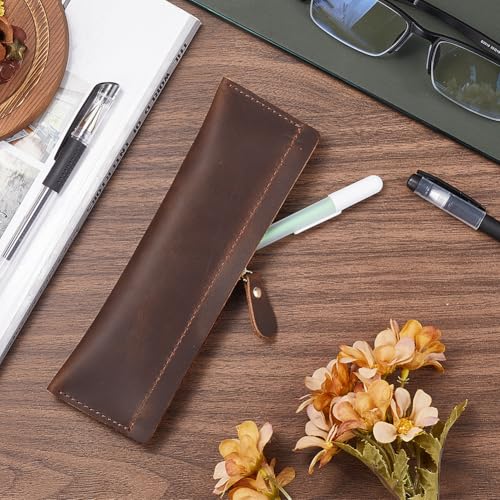 GORGECRAFT Crazy Horse Cowhide Leather Pencil Case Rectangular Vintage Pen Bag with Zipper Closure Real Leather Pencil Pouch Genuine Leather Fountain Pen Holder for Stationery Storage Coconut Brown - Image 4
