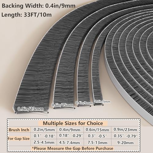 Image of Brush Weather Stripping 0.2in(T) x 0.4in(W) x 33FT Grey Door Seal Strip for Door Frame, Sliding Glass Door Draft Stopper Window Soundproofing Bristle Door Sweep Weatherstripping
