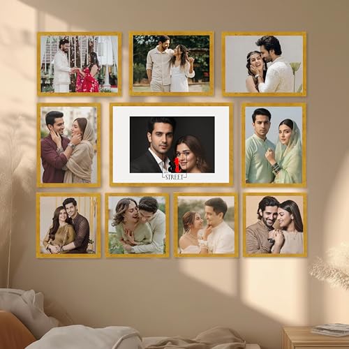 Image of Art Street Photo Frame Set of 10 Gold Wall Decor Collage Display Hanging Family Picture Frames Gallery Collection Decor Items Wall Mount Frames Birthday Anniversary, 8x8, 8x12 and 12x16 In